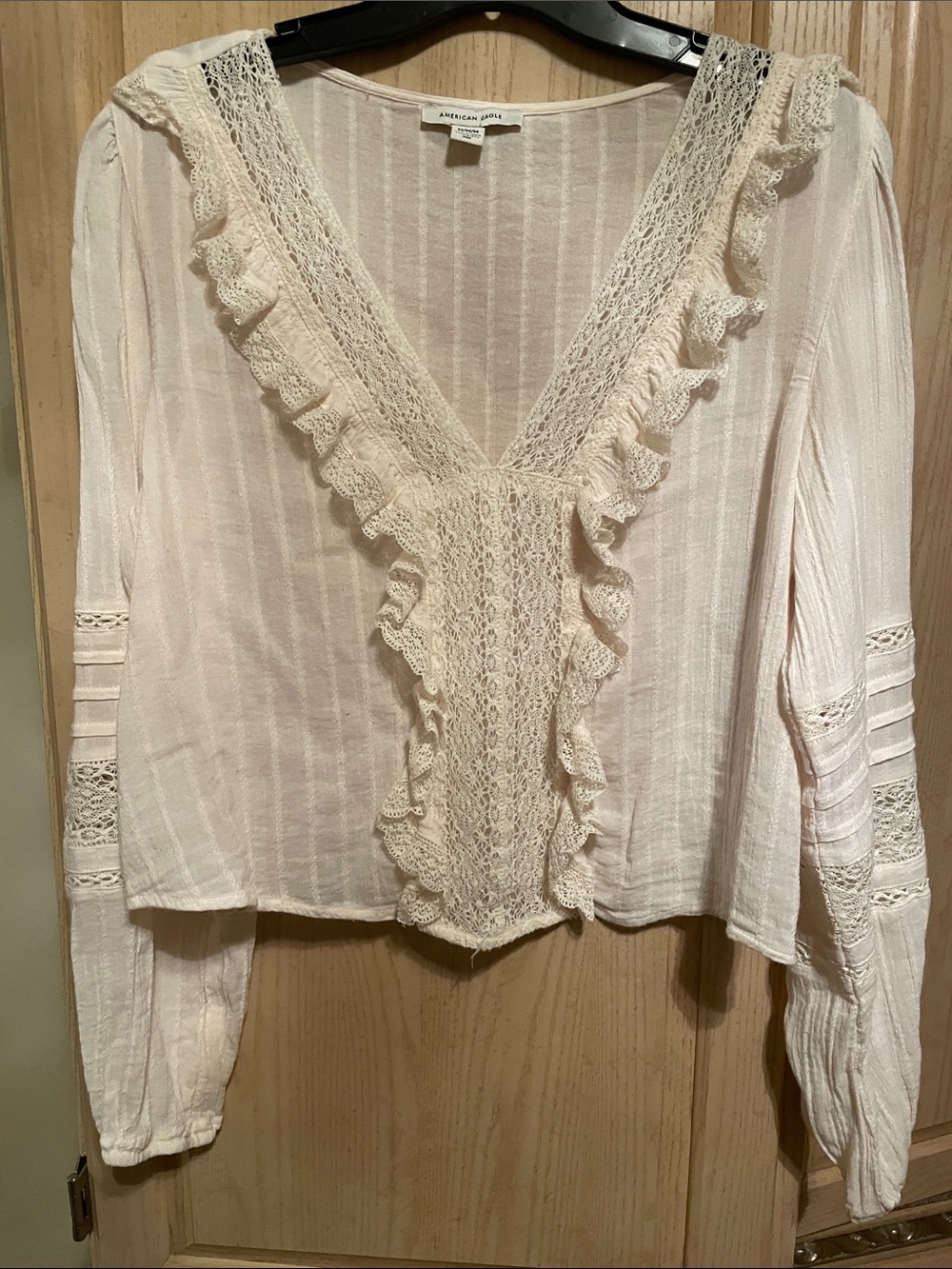 American Eagle Outfitters Ivory Lace-Trim V-Neck Peasant Blouse